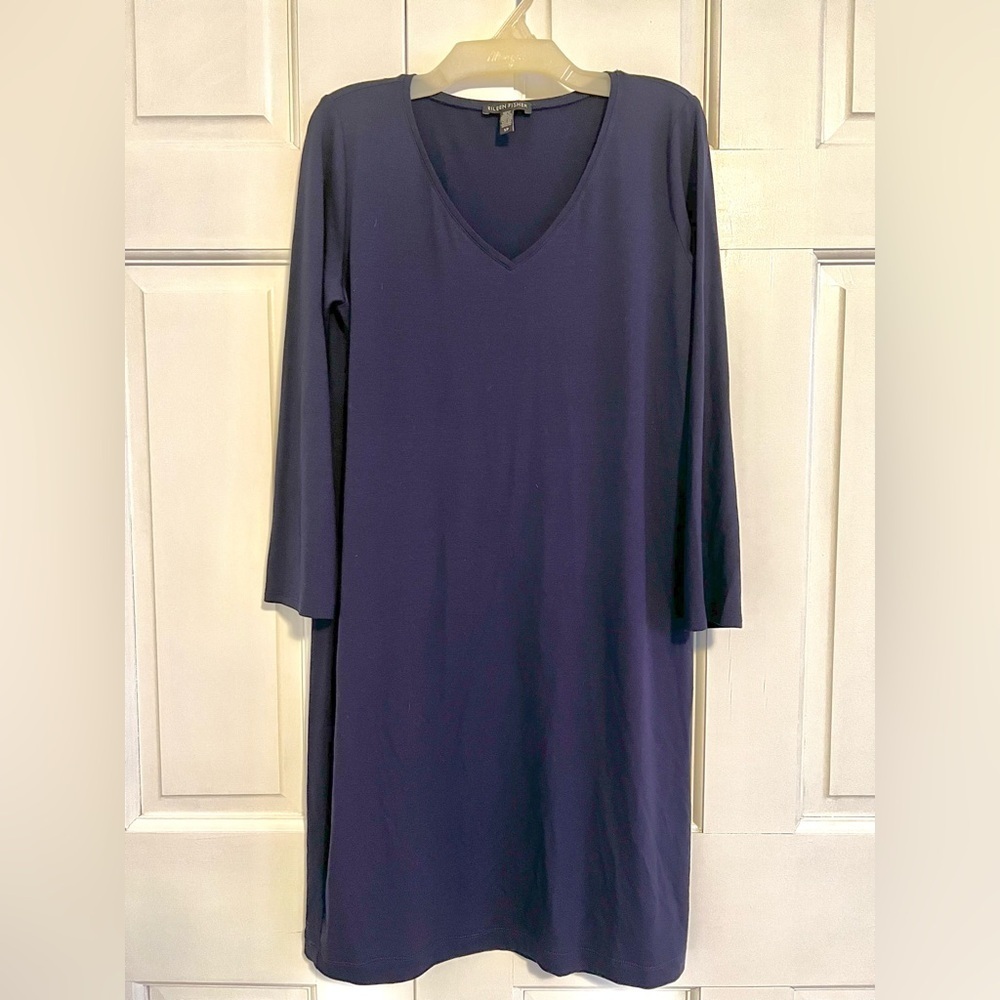 Eileen Fisher Navy V-Neck Viscose Jersey Dress Petite S